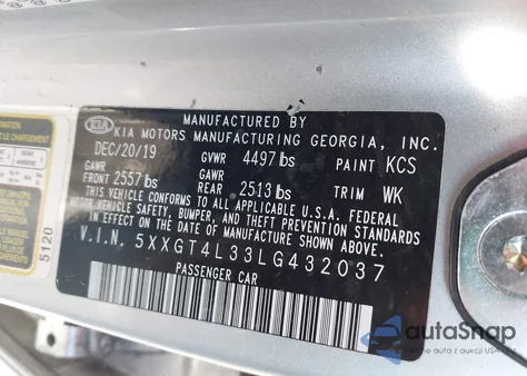 2020 Kia Optima Lx z USA, uszkodzony, nr VIN 5XXGT4L33LG432037